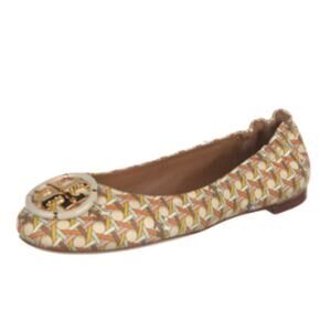 Tory Burch Multi-Logo Woven Print Ballet Flats – Cream/Brown/Pink, Size 8M